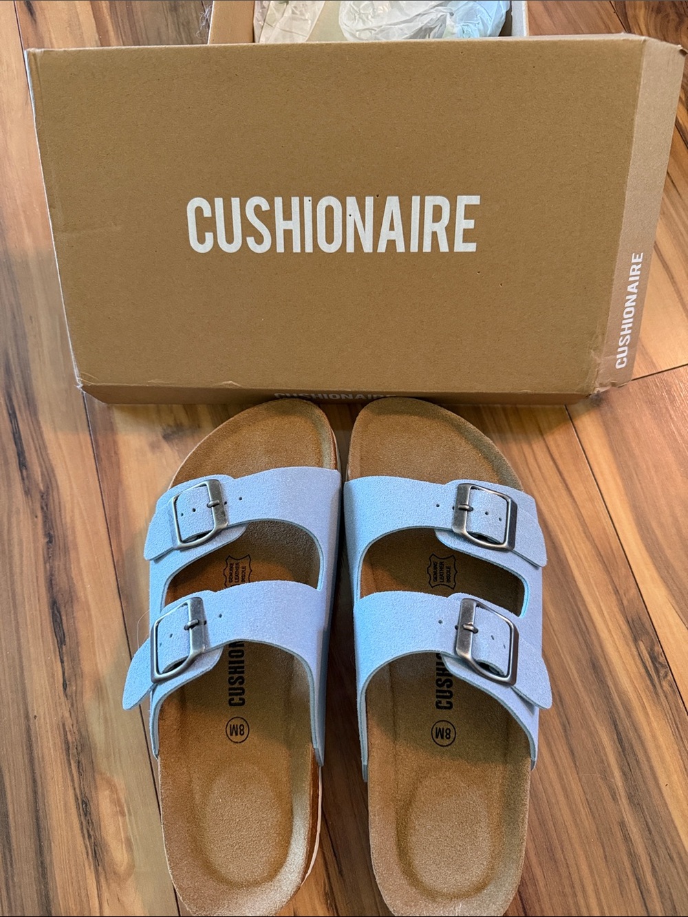 Cushionaire Women's Double Buckle Light Blue Sandals